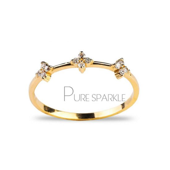 14K Gold 0.18 Ct. Diamond Three Flower Design Minimal Ring Fine Jewelry