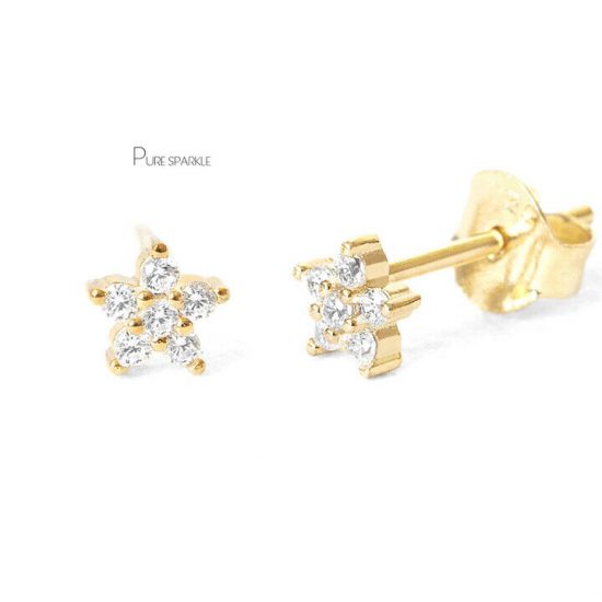14K Gold 0.18 Ct. Diamond Tiny Floral Studs Earrings Fine Jewelry