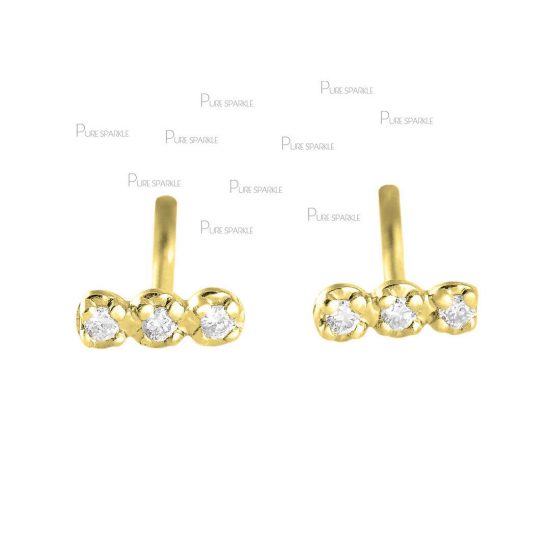 14K Gold 0.18 Ct. Three Diamond 8 mm Handmade Stud Earrings Fine Jewelry