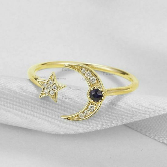 14K Gold 0.18 Ct. White-Black Diamond Crescent Moon Star Ring Jewelry