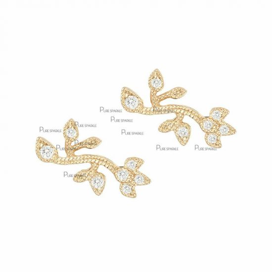 14K Gold 0.20 Ct. Diamond Milgrain Leaf Design Earrings Fine Jewelry
