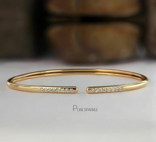 14K Gold 0.20 Ct. Flush Set Diamond Cuff Bangle Bracelet Fine Jewelry