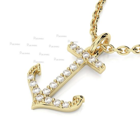14K Gold 0.22 Ct. Diamond Anchor Charm Pendant Necklace Fine Jewelry