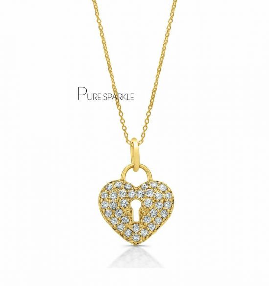 14K Gold 0.22 Ct. Diamond Heart Key Hole Pendant Necklace Fine Jewelry