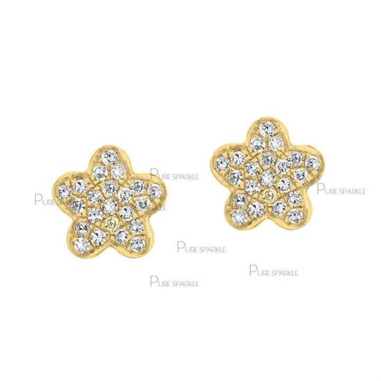 14K Gold 0.22 Ct. Pave Diamond 8 mm Flower Stud Earrings Fine Jewelry