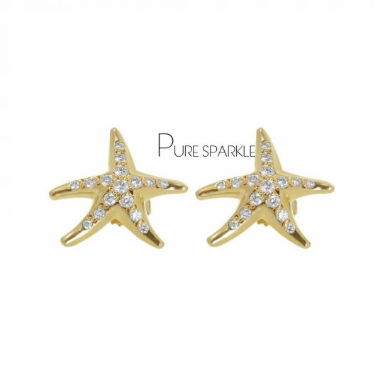 14K Gold 0.23 Ct. Diamond 10 mm Star Fish Earrings Fine Jewelry