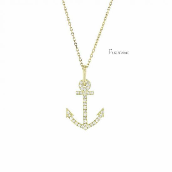 14K Gold 0.23 Ct. Diamond Anchor Charm Pendant Necklace Fine Jewelry