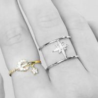 14K Gold 0.23 Ct. Diamond Crescent Moon Star Cuff Ring Fine Jewelry