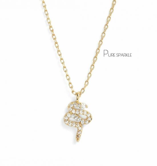 14K Gold 0.23 Ct. Diamond Snake Shape Pendant Necklace Fine Jewelry