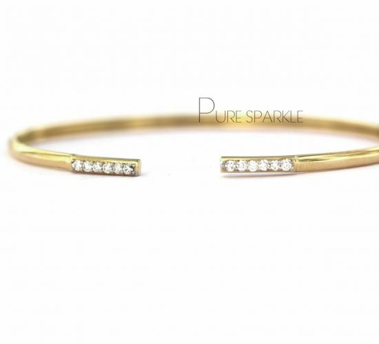 14K Gold 0.24 Ct. Diamond Open Cuff Bangle Bracelet Handmade Fine Jewelry