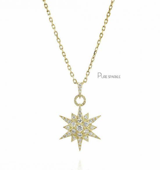 14K Gold 0.24 Ct. Diamond Starburst Charm Pendant Necklace Fine Jewelry