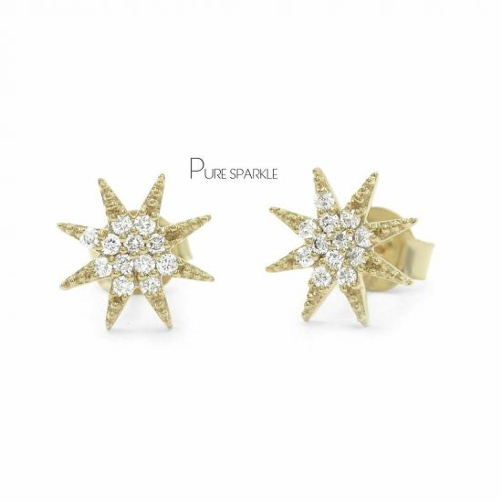14K Gold 0.24 Ct. Diamonds Starburst Earrings Christmas Fine Jewelry