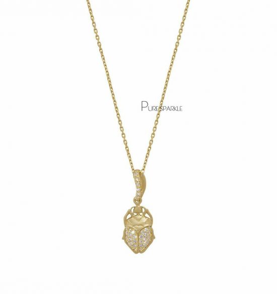 14K Gold 0.25 Ct. Diamond Scarab Beetle Pendant Necklace Fine Jewelry