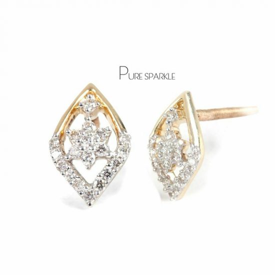 14K Gold 0.26 Ct. Diamond Rhombus & Flower Studs Earrings Fine Jewelry
