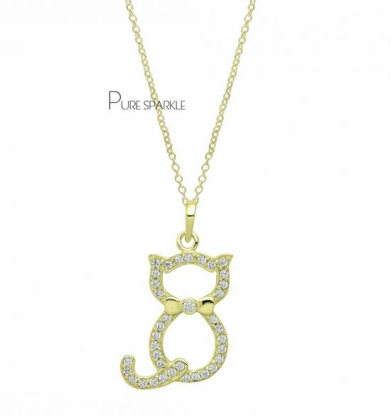 14K Gold 0.26 Ct. VS Clarity Diamond Cat Charm Necklace Halloween Gift