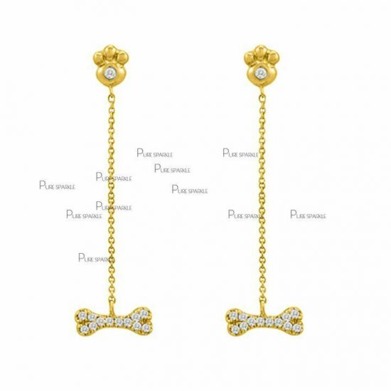 14K Gold 0.27 Ct. Diamond Paw Print Wishbone Dangling Chain Earrings