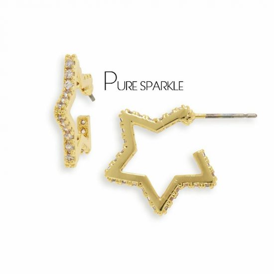 14K Gold 0.27 Ct. Diamond Star Design Hoop Earrings Fine Jewelry