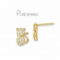 14K Gold 0.30 Ct. Diamond Cat Stud Earrings Halloween Gift Fine Jewelry