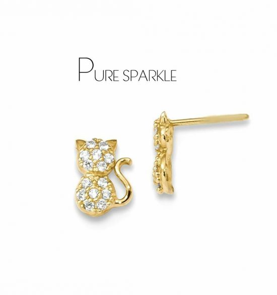 14K Gold 0.30 Ct. Diamond Cat Stud Earrings Halloween Gift Fine Jewelry