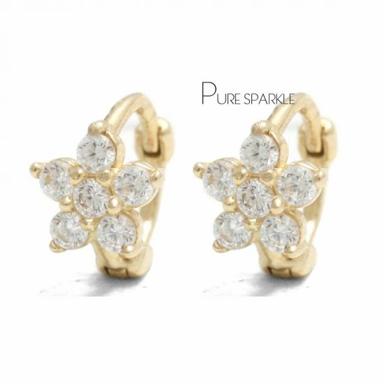 14K Gold 0.30 Ct. Diamond Floral Design Huggie Hoop Earring Fine Jewelry