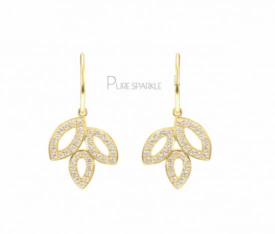 14K Gold 0.30 Ct. Diamond Leaf Floral Dangle Hook Earrings Fine Jewelry