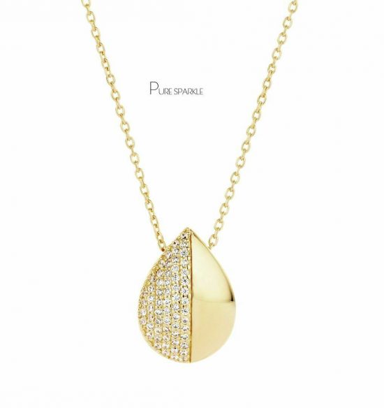 14K Gold 0.30 Ct. Diamond Teardrop Charm Pendant Necklace Fine Jewelry