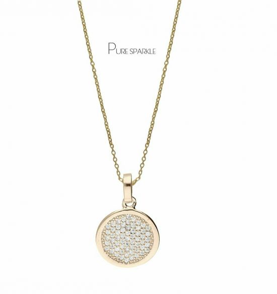 14K Gold 0.45 Ct. Pave Diamond Disc Charm Pendant Necklace Fine Jewelry
