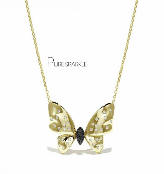 14K Gold 0.30 Ct. White-Black Diamond Butterfly Pendant Necklace Jewelry