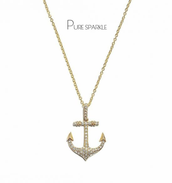 14K Gold 0.32 Ct. Diamond Anchor Charm Pendant Necklace Fine Jewelry
