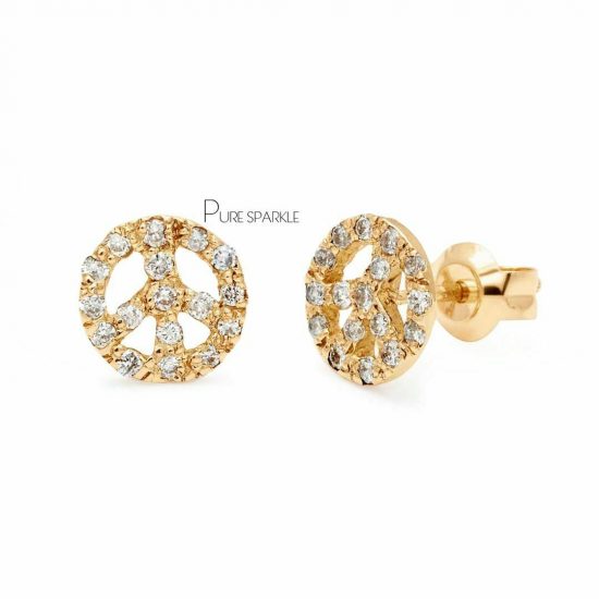 14K Gold 0.34 Ct. Diamond 9 mm Sign Of Peace Earrings Fine Jewelry