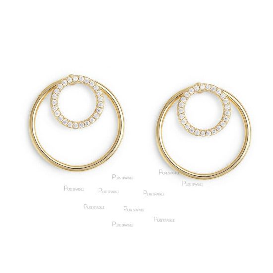 14K Gold 0.35 Ct. Diamond Double Circle Geometrical Earring Fine Jewelry