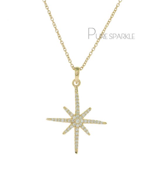 14K Gold 0.35 Ct. Diamond Starburst Charm Pendant Necklace Fine Jewelry