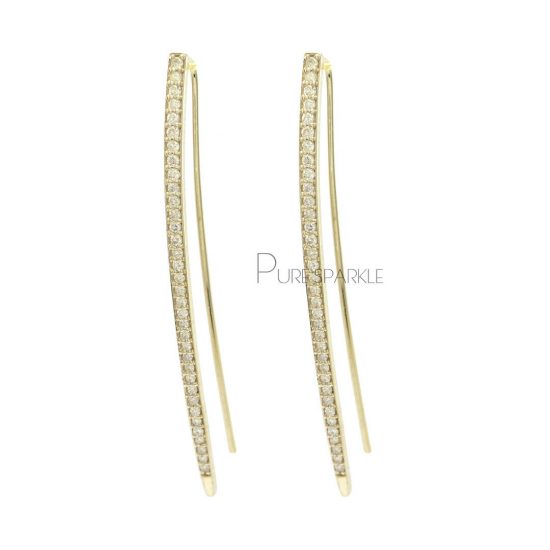 14K Gold 0.40 Ct. Diamond 48mm Long Bar Hook Earrings Fine Jewelry
