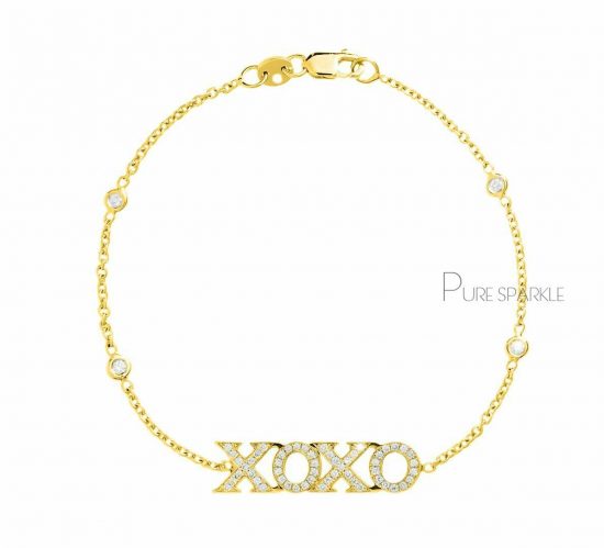 14K Gold 0.40 Ct. Diamond XOXO Charm Minimalist Chain Bracelet Fine Jewelry