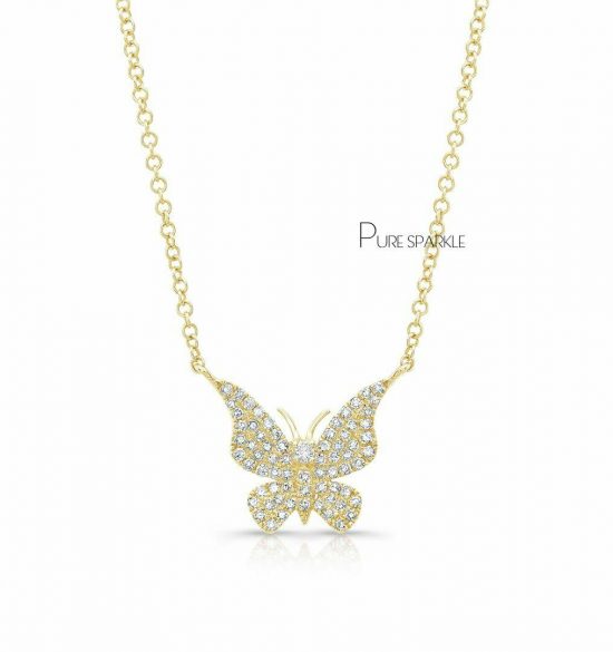 14K Gold 0.40 Ct. Diamonds Butterfly Pendant Necklace Fine Jewelry