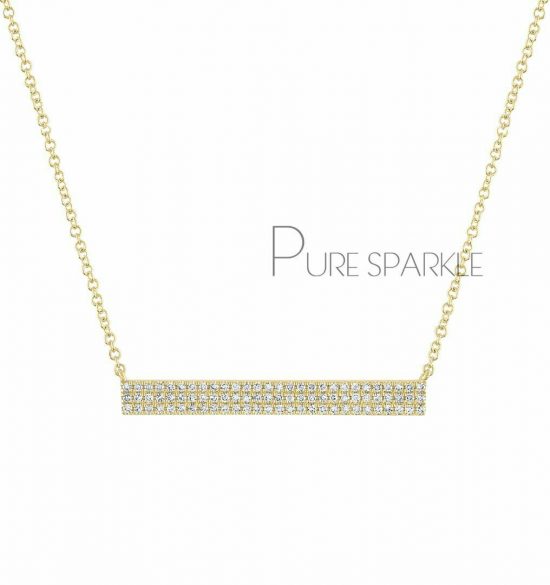 14K Gold 0.42 Ct. Pave 3 Diamond Row Bar Pendant Necklace Fine Jewelry