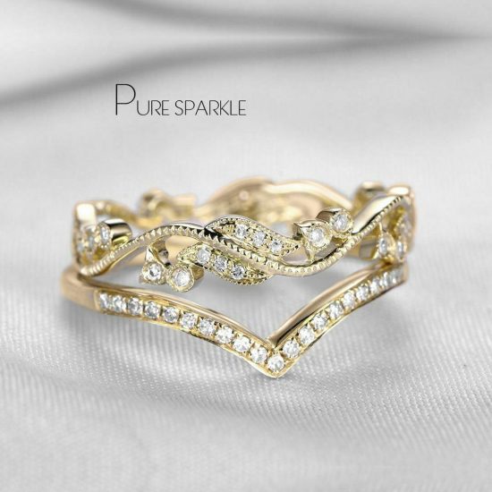 14K Gold 0.45 Ct. Diamond Chevron And Leaf Design Two Stacking Ring Set
