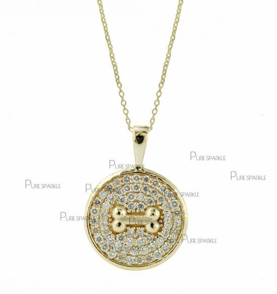 14K Gold 0.45Ct. Diamond Disc Dog Bone Charm Necklace Gift For Pet Lover