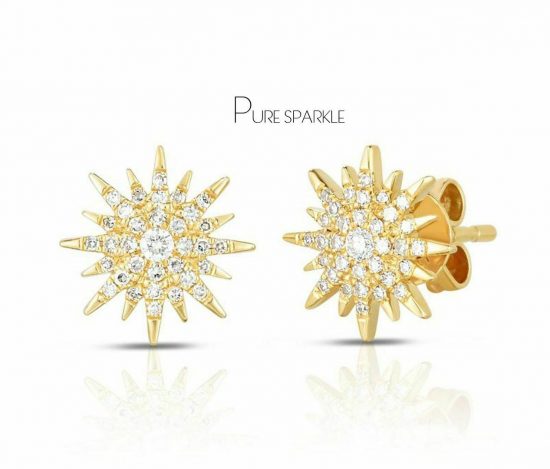14K Gold 0.48 Ct. Diamond Starburst Design Studs Earrings Fine Jewelry