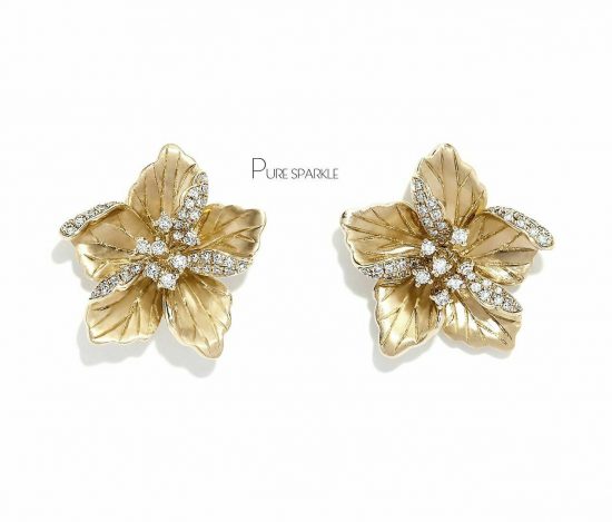 14K Gold 0.58 Ct. Diamond Unique Flower Design Earrings Fine Jewelry