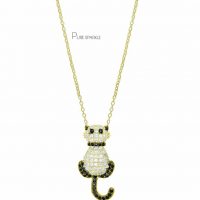 14K Gold 0.65 Ct. White-Black Diamond Cat Charm Necklace Halloween Gift
