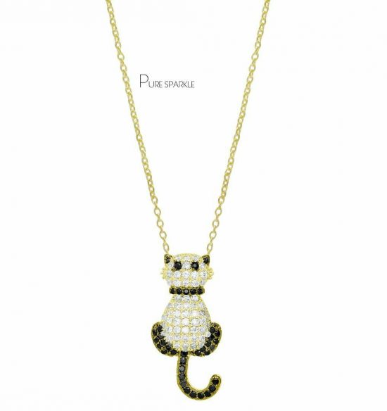 14K Gold 0.65 Ct. White-Black Diamond Cat Charm Necklace Halloween Gift