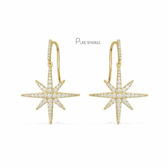 14K Gold 0.75 Ct. Diamond Starburst Hook Earrings Fine Celestial Jewelry