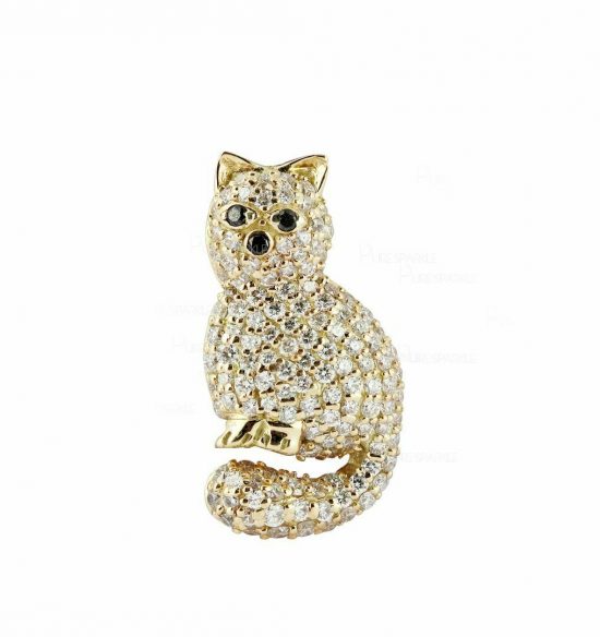 14K Gold 0.75 Ct. White-Black Diamond Cat Pendant Necklace For Pet Lover