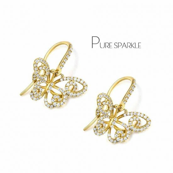 14K Gold 0.90 Ct. Diamond Butterfly Hook Dangle Earrings Birthday Gift