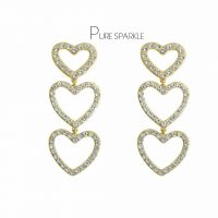 14K Gold 2.00 Ct. Diamond Three Hearts Drop Earrings Fine Jewelry