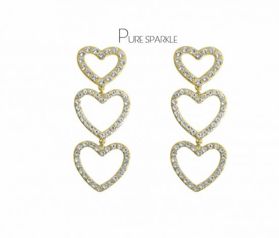 14K Gold 2.00 Ct. Diamond Three Hearts Drop Earrings Fine Jewelry