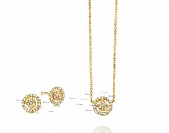 14K Gold Diamond Concentric Circle Design Earrings Necklace Jewelry Set