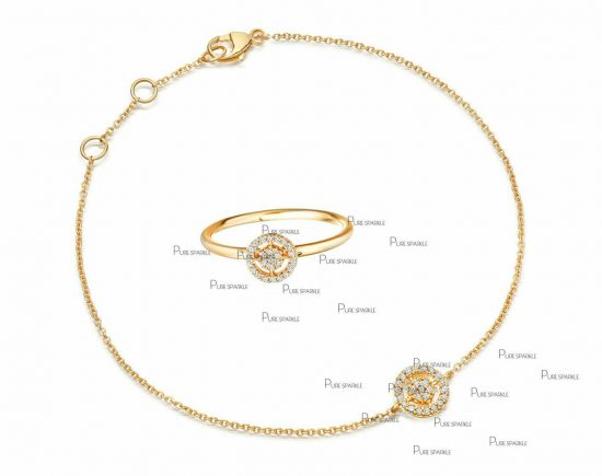 14K Gold Diamond Concentric Circle Design Ring Bracelet Jewelry Set