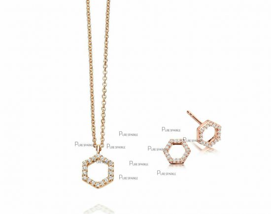 14K Gold Diamond Honeycomb Design Earrings Necklace Jewelry Set
